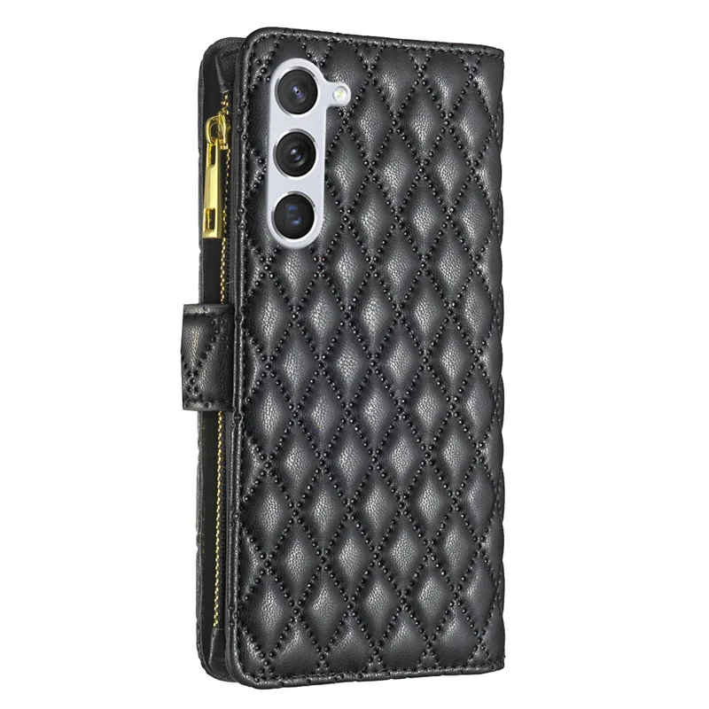 BINFEN COLOR for Samsung Galaxy S26+ BF Style-15 Leather Case Zipper Pocket Rhombus Phone Cover - Black - 6