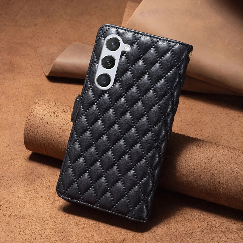 BINFEN COLOR for Samsung Galaxy S26+ BF Style-15 Leather Case Zipper Pocket Rhombus Phone Cover - Black - 7