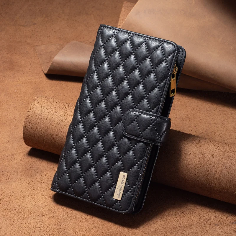 BINFEN COLOR for Samsung Galaxy S26+ BF Style-15 Leather Case Zipper Pocket Rhombus Phone Cover - Black - 8