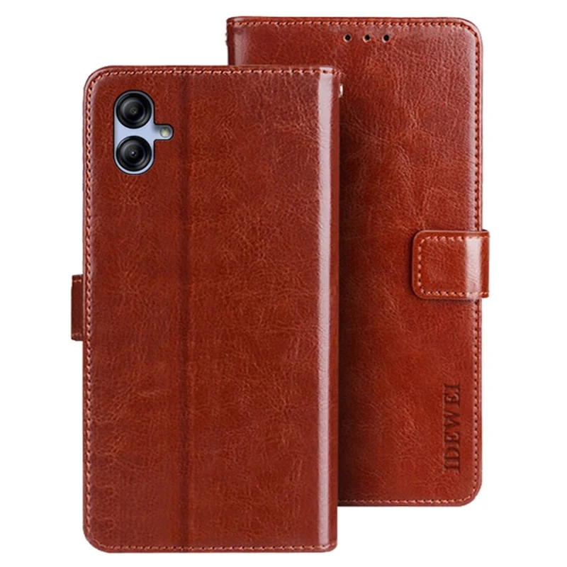 IDEWEI para Samsung Galaxy A04e 4G / F04 4G / M04 4G Funda completa de protección con textura de cuero de caballo salvaje PU con tapa abatible, soporte y billetera - Marrón