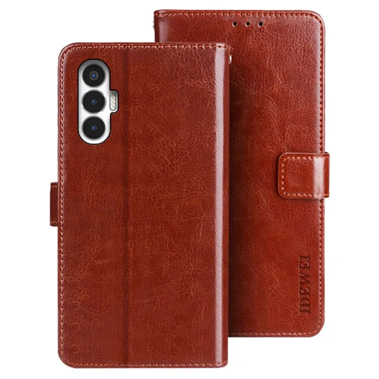 IDEWEI For TECNO Pova 3 4G Case Scratch Proof Crazy Horse Texture PU Leather Flip Stand Wallet Cover - Brown