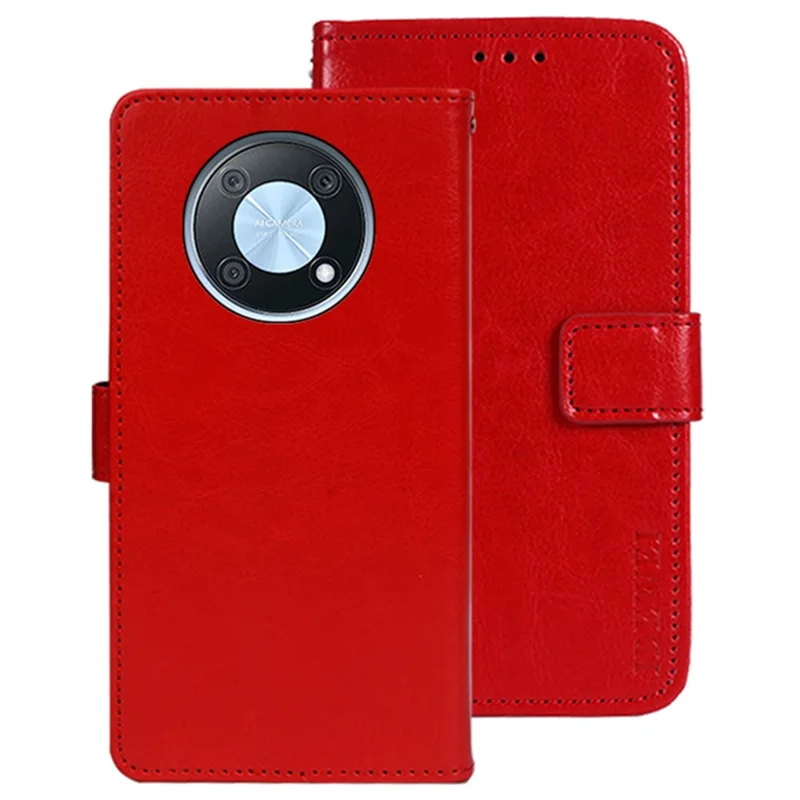 IDEWEI Phone Shell for Huawei nova Y90 4G Crazy Horse Texture PU Leather Flip Stand Wallet Cover Protective Case - Red