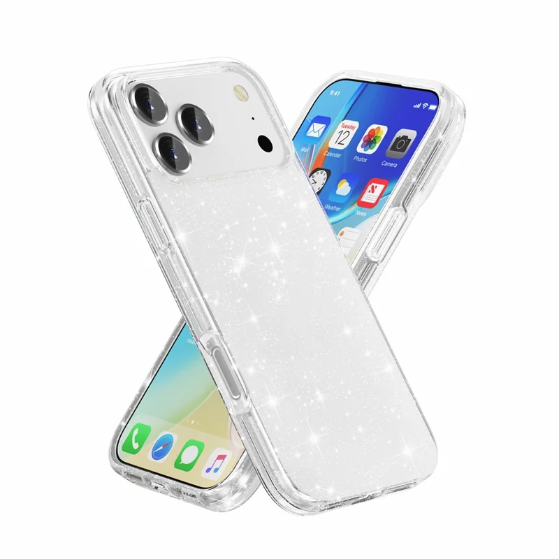 غطاء لهاتف iPhone 18 Pro Max بتصميم لامع مزين بالمسحوق البرّاق غطاء خلفي من مادة TPU لينة + PC صلبة - أبيض