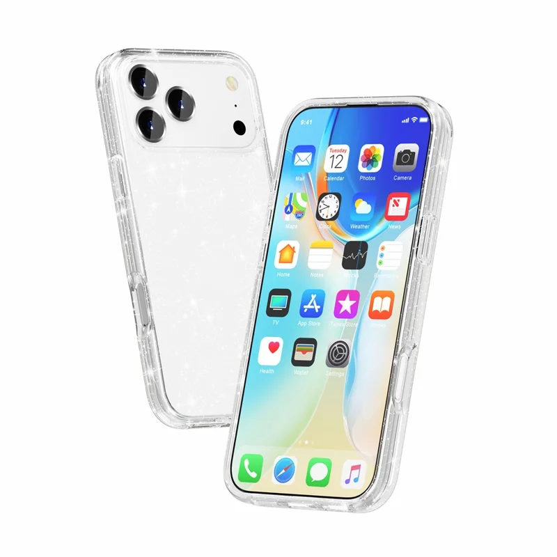 غطاء لهاتف iPhone 18 Pro Max بتصميم لامع مزين بالمسحوق البرّاق غطاء خلفي من مادة TPU لينة + PC صلبة - أبيض