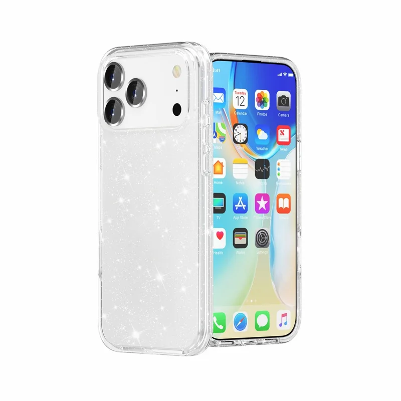 غطاء لهاتف iPhone 18 Pro Max بتصميم لامع مزين بالمسحوق البرّاق غطاء خلفي من مادة TPU لينة + PC صلبة - أبيض