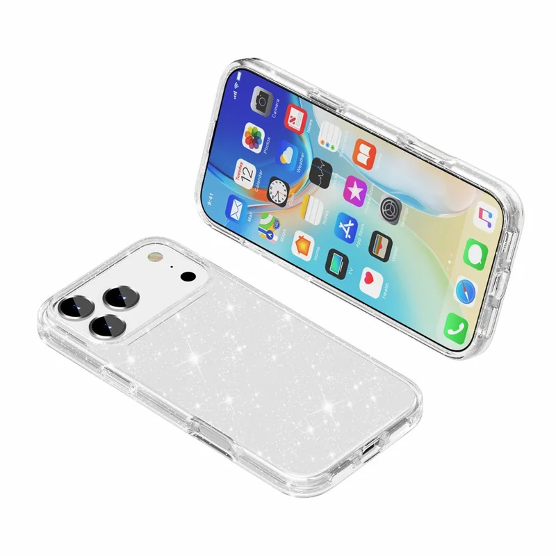 غطاء لهاتف iPhone 18 Pro Max بتصميم لامع مزين بالمسحوق البرّاق غطاء خلفي من مادة TPU لينة + PC صلبة - أبيض