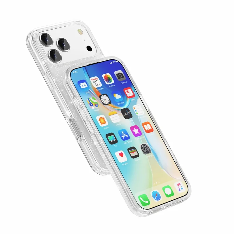 غطاء لهاتف iPhone 18 Pro Max بتصميم لامع مزين بالمسحوق البرّاق غطاء خلفي من مادة TPU لينة + PC صلبة - أبيض