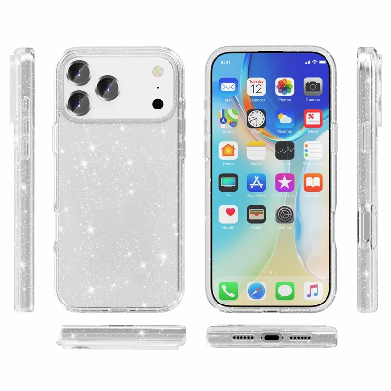 غطاء لهاتف iPhone 18 Pro Max بتصميم لامع مزين بالمسحوق البرّاق غطاء خلفي من مادة TPU لينة + PC صلبة - أبيض