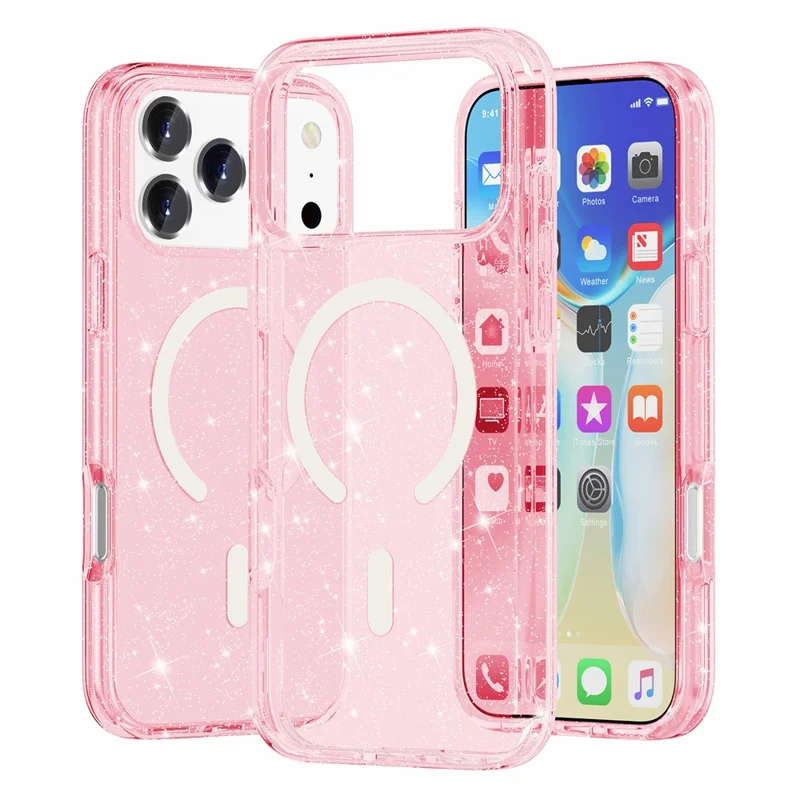 For iPhone 18 Pro Max Magnetic Case Glitter Powder PC + TPU Phone Cover - Pink