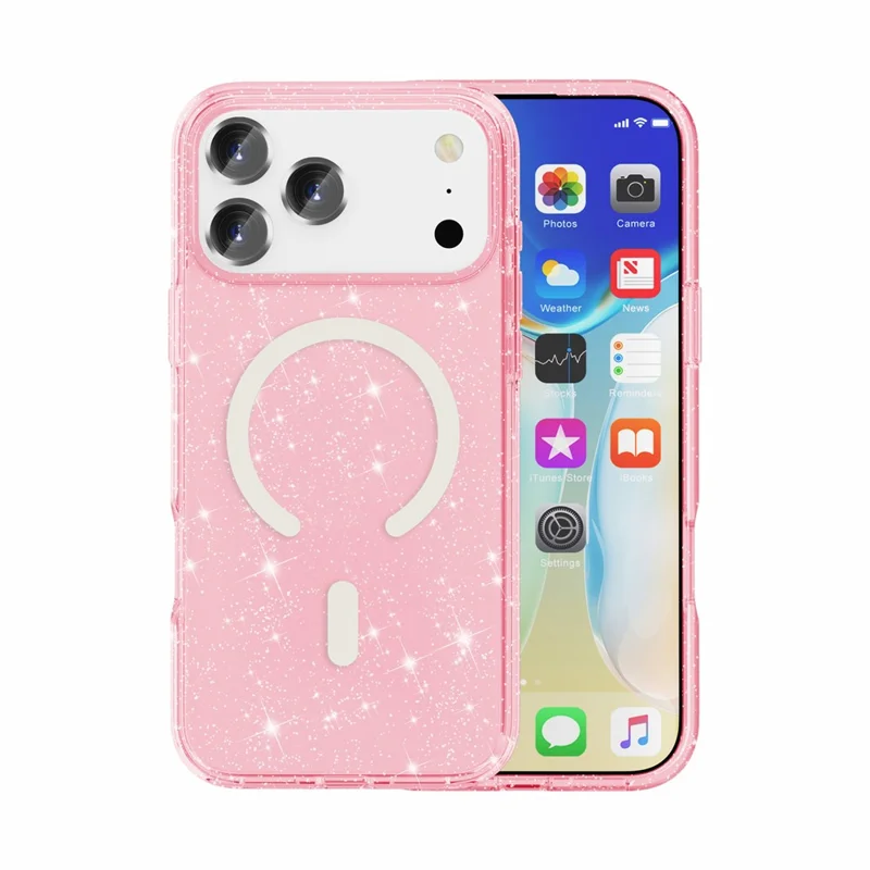For iPhone 18 Pro Max Magnetic Case Glitter Powder PC + TPU Phone Cover - Pink