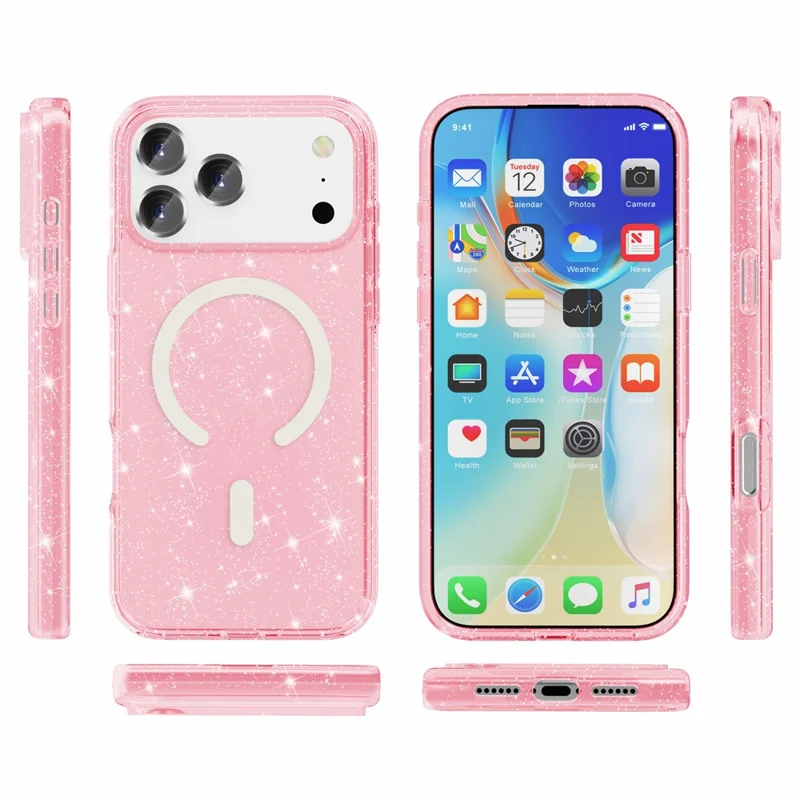 For iPhone 18 Pro Max Magnetic Case Glitter Powder PC + TPU Phone Cover - Pink