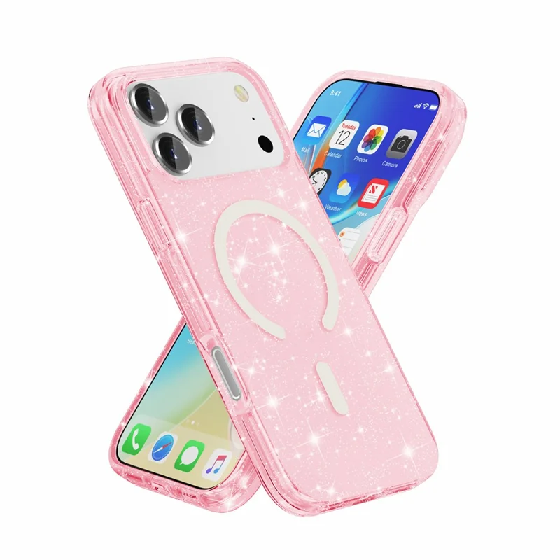 For iPhone 18 Pro Magnetic Case Glitter Powder PC + TPU Phone Cover - Pink