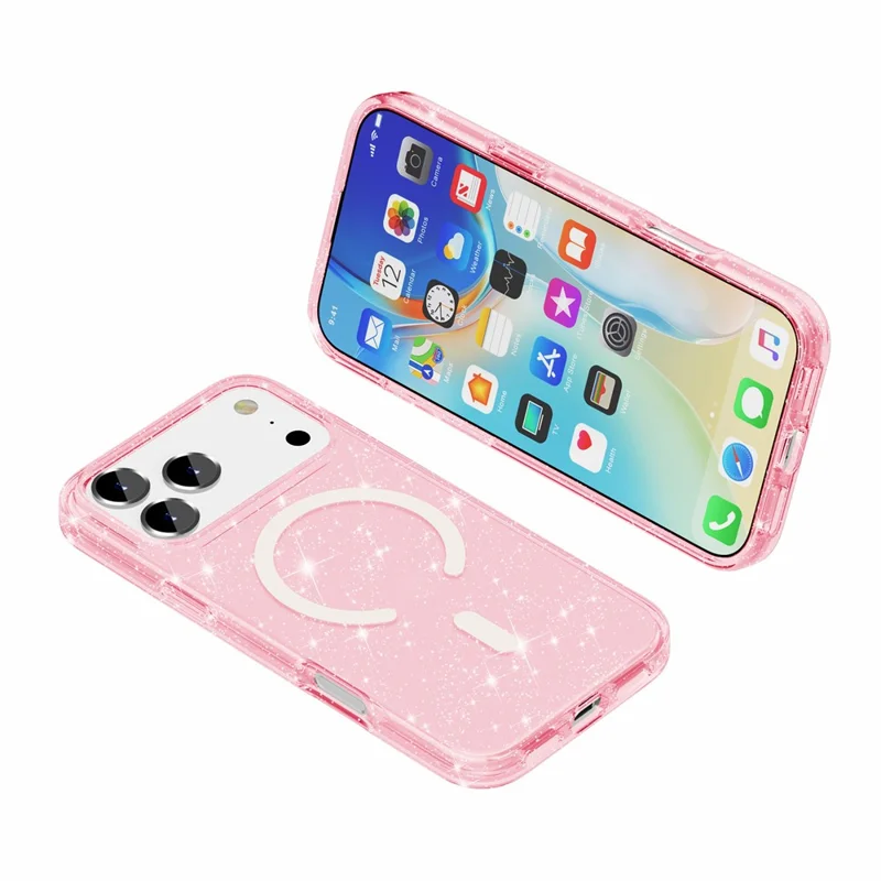 For iPhone 18 Pro Magnetic Case Glitter Powder PC + TPU Phone Cover - Pink