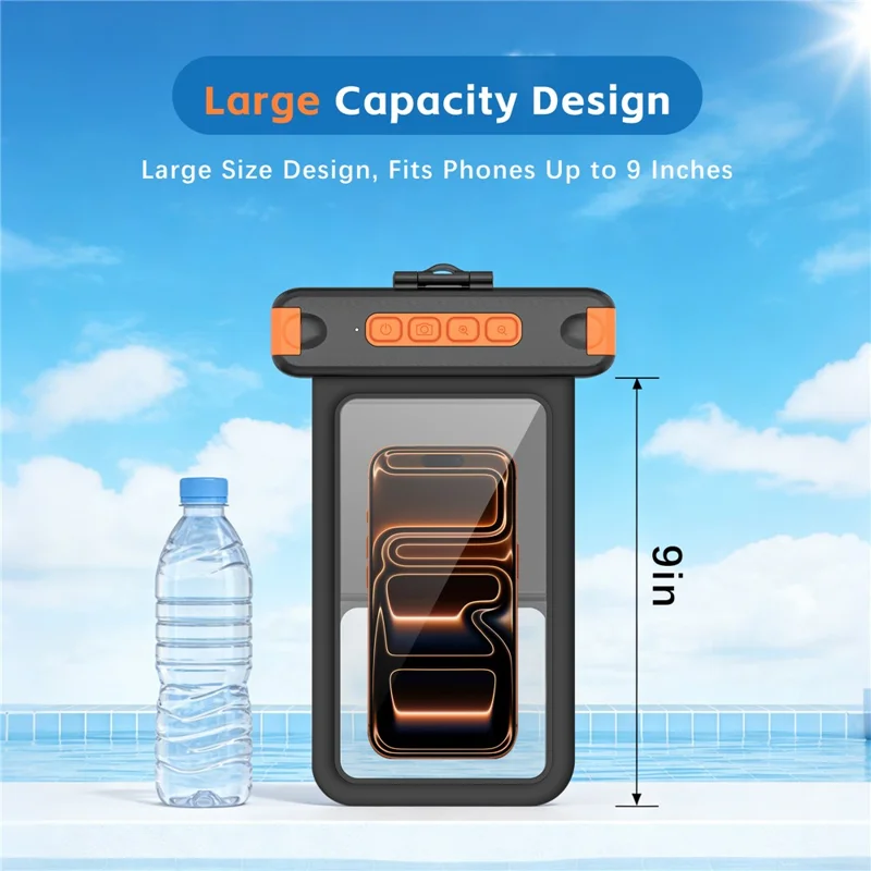 For iPhone 17 Waterproof Phone Pouch IPX8 Underwater Case Bluetooth-compatible Camera Button Floating Dry Bag - Black / Orange
