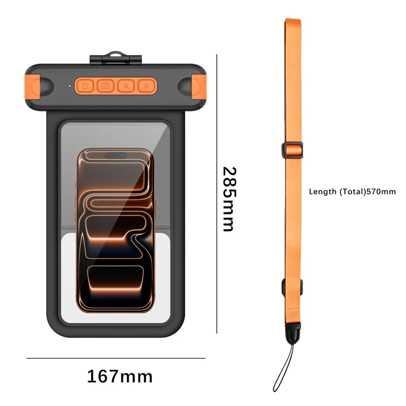For iPhone 17 Waterproof Phone Pouch IPX8 Underwater Case Bluetooth-compatible Camera Button Floating Dry Bag - Black / Orange