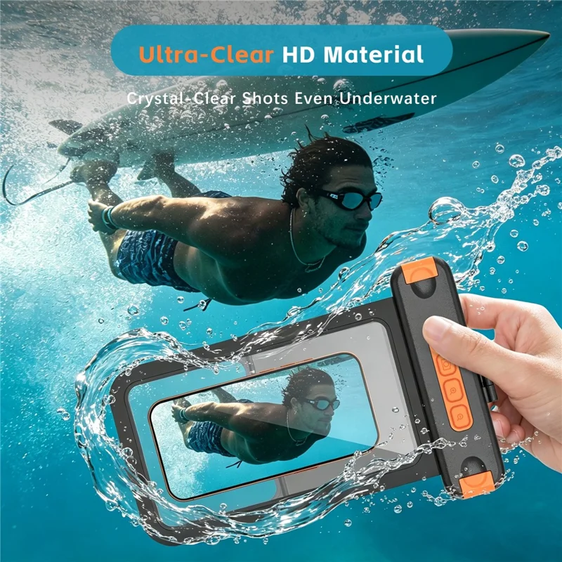 For iPhone 17 Waterproof Phone Pouch IPX8 Underwater Case Bluetooth-compatible Camera Button Floating Dry Bag - Black / Orange