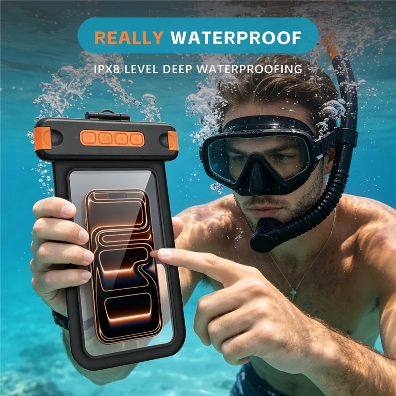 For iPhone 17 Waterproof Phone Pouch IPX8 Underwater Case Bluetooth-compatible Camera Button Floating Dry Bag - Black / Orange