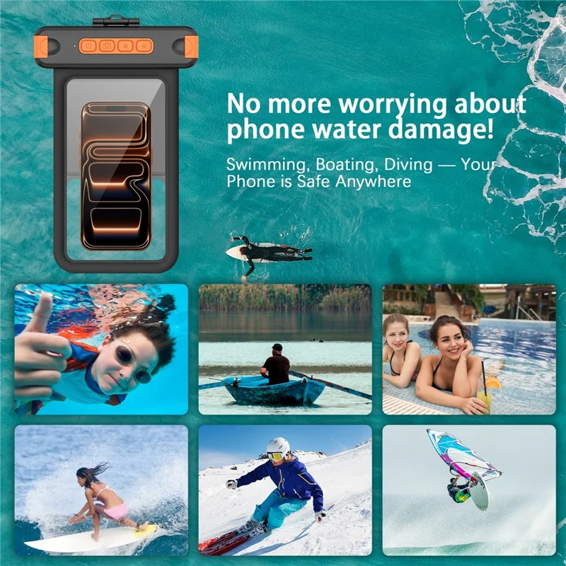 For iPhone 17 Waterproof Phone Pouch IPX8 Underwater Case Bluetooth-compatible Camera Button Floating Dry Bag - Black / Orange