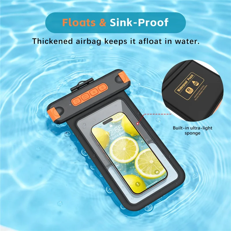 For iPhone 17 Waterproof Phone Pouch IPX8 Underwater Case Bluetooth-compatible Camera Button Floating Dry Bag - Black / Orange