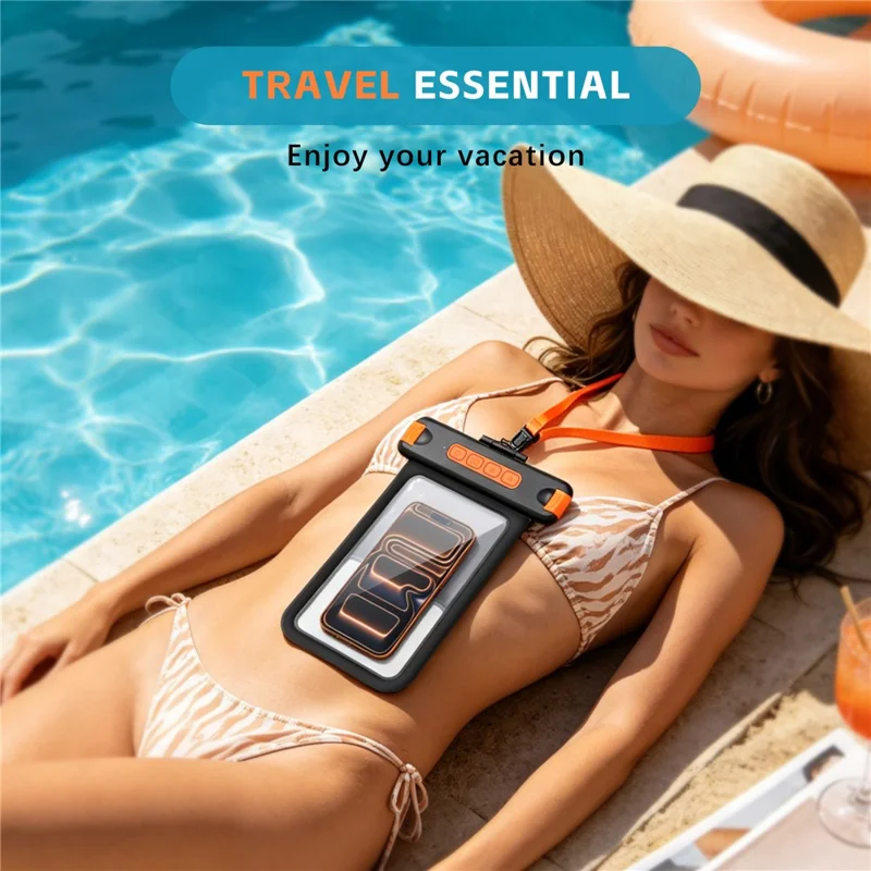 For iPhone 17 Waterproof Phone Pouch IPX8 Underwater Case Bluetooth-compatible Camera Button Floating Dry Bag - Black / Orange