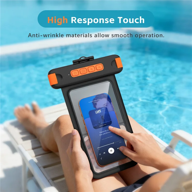 For iPhone 17 Waterproof Phone Pouch IPX8 Underwater Case Bluetooth-compatible Camera Button Floating Dry Bag - Black / Orange
