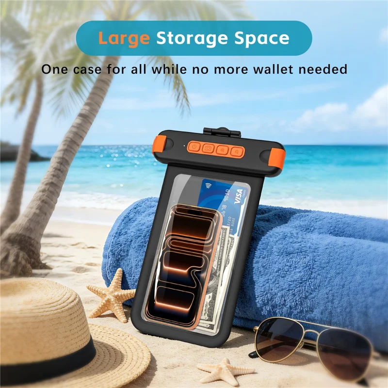 For iPhone 17 Waterproof Phone Pouch IPX8 Underwater Case Bluetooth-compatible Camera Button Floating Dry Bag - Black / Orange