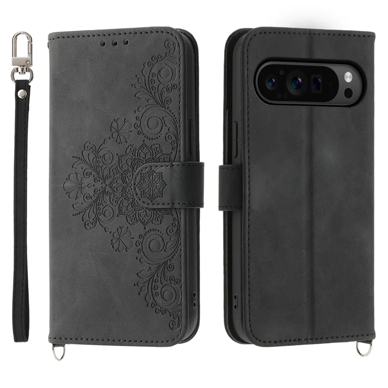 For Google Pixel 11 Pro XL Wallet Case Flower Pattern PU Leather Phone Cover with Strap - Black