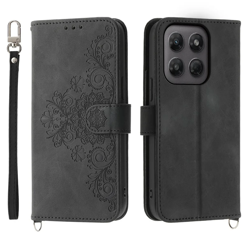 Coque portefeuille pour Motorola Edge 70 Pro 5G, motif fleuri en cuir PU avec dragonne - Noir
