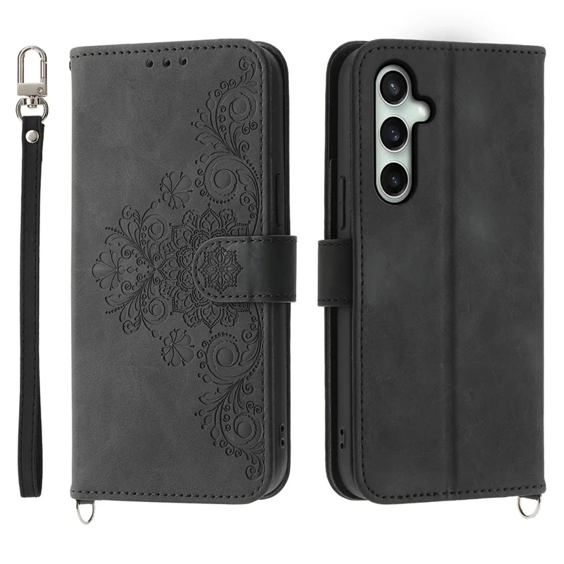 For Samsung Galaxy S26 FE Wallet Case Flower Pattern PU Leather Phone Cover with Strap - Black