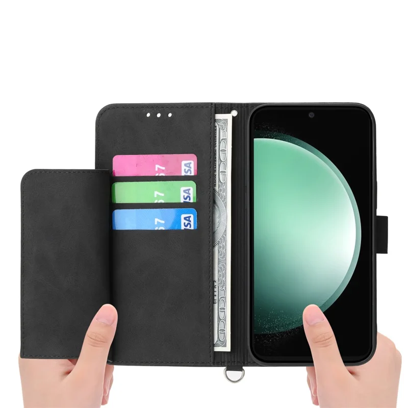 For Samsung Galaxy S26 FE Wallet Case Flower Pattern PU Leather Phone Cover with Strap - Black