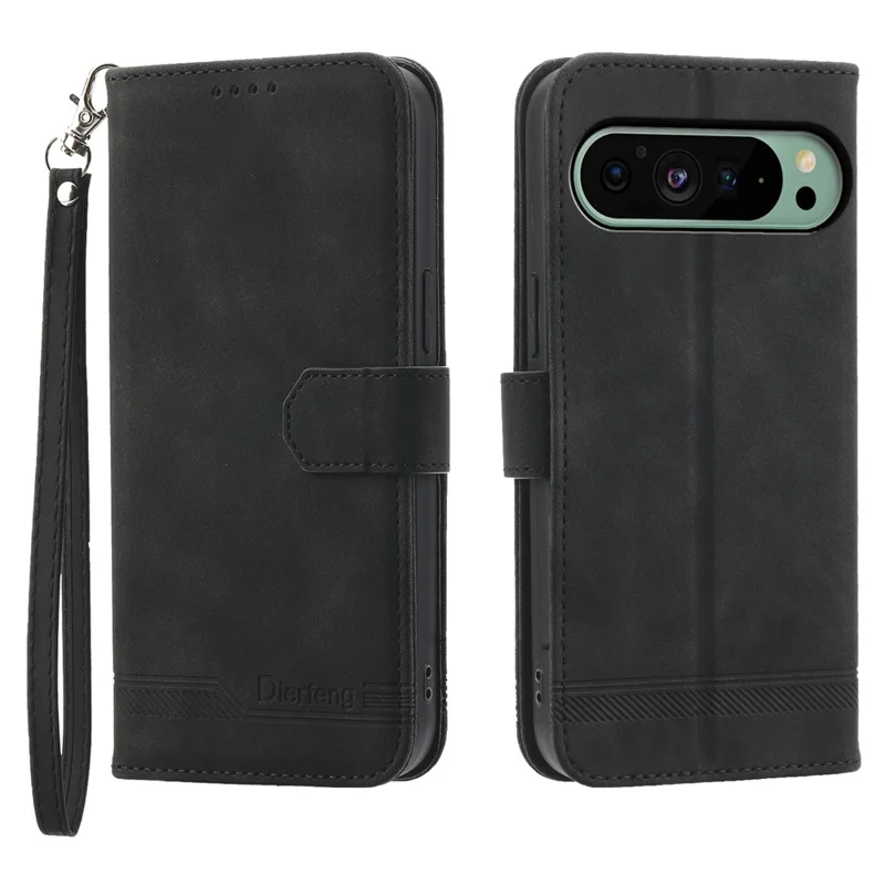 DIERFENG DF-03 Per Google Pixel 11 / 11 Pro Custodia in Pelle PU con Stampa Linee, Portafoglio con Cinturino da Polso - Nero