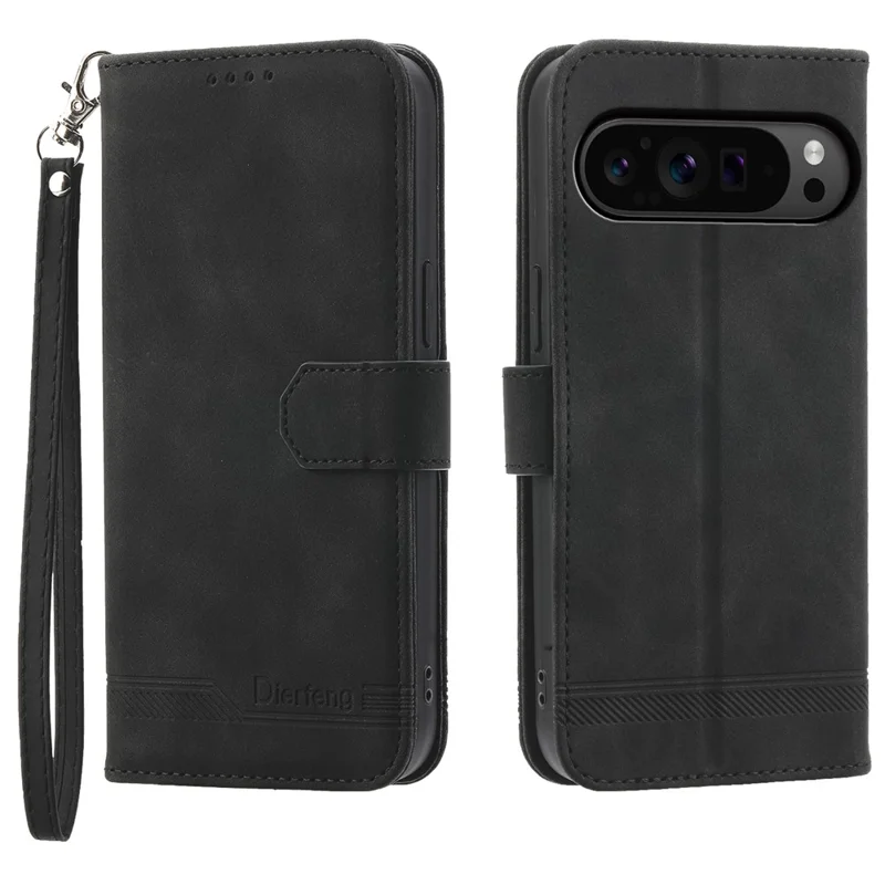 DIERFENG DF-03 Per Google Pixel 11 Pro XL Custodia in Pelle PU con Stampa a Righe, Cover Portafoglio con Cinturino da Polso - Nero
