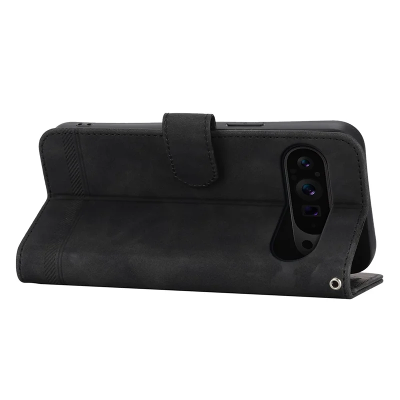 DIERFENG DF-03 Per Google Pixel 11 Pro XL Custodia in Pelle PU con Stampa a Righe, Cover Portafoglio con Cinturino da Polso - Nero