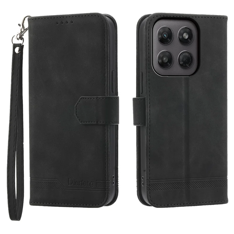 DIERFENG DF-03 For Motorola Edge 70 Pro 5G Leather Case Lines Imprint Wallet Phone Cover with Wrist Strap - Black