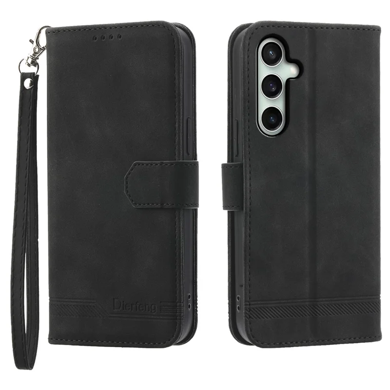 DIERFENG DF-03 For Samsung Galaxy S26 FE Leather Case Lines Imprint Wallet Phone Cover with Wrist Strap - Black