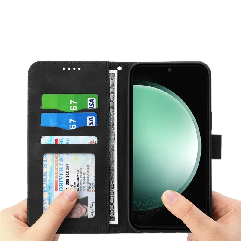 DIERFENG DF-03 For Samsung Galaxy S26 FE Leather Case Lines Imprint Wallet Phone Cover with Wrist Strap - Black