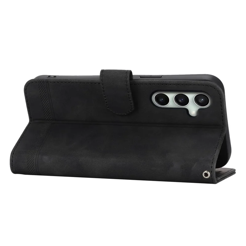 DIERFENG DF-03 For Samsung Galaxy S26 FE Leather Case Lines Imprint Wallet Phone Cover with Wrist Strap - Black