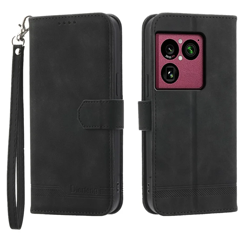 DIERFENG DF-03 For Sony Xperia 1 VIII Leather Case Lines Imprint Wallet Phone Cover with Wrist Strap - Black