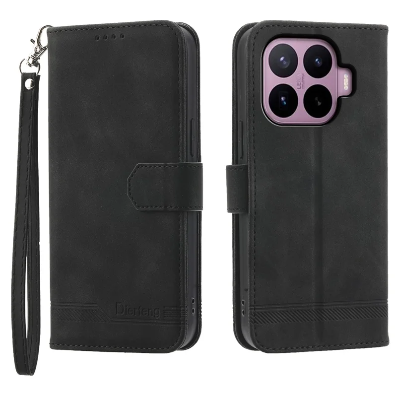 DIERFENG DF-03 For Xiaomi 17T Pro Leather Case Lines Imprint Wallet Phone Cover with Wrist Strap - Black