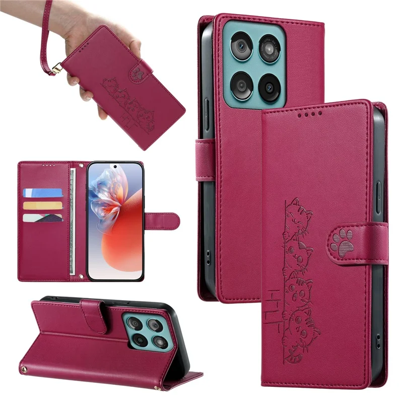 For Motorola Edge 70 Pro 5G Case Adorable Cat Pattern PU Leather Wallet Phone Cover with Wrist Strap - Rose