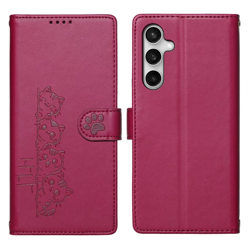 For Samsung Galaxy S26 FE Case Adorable Cat Pattern PU Leather Wallet Phone Cover with Wrist Strap - Rose