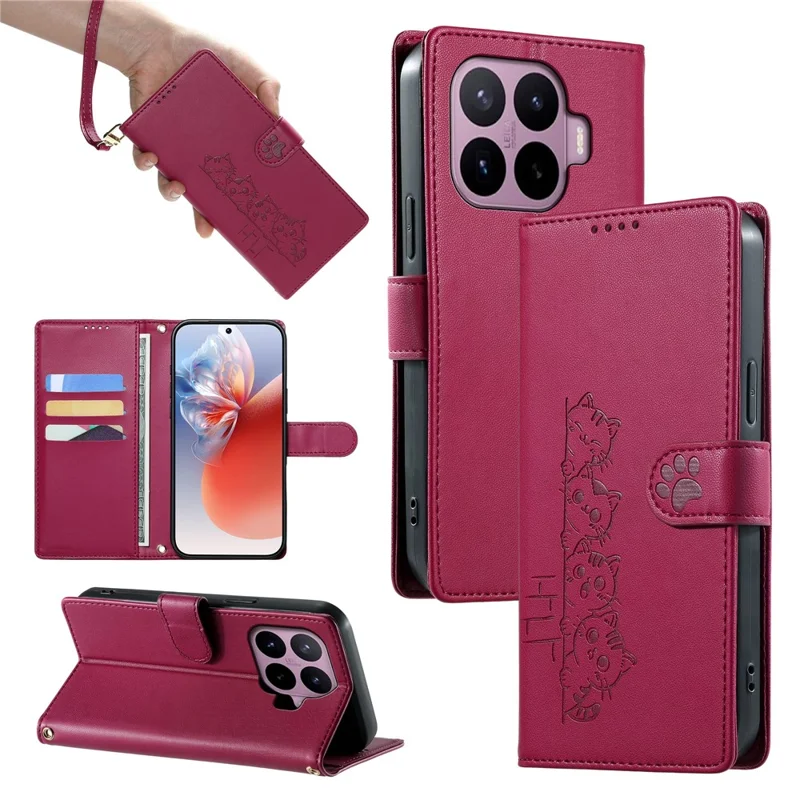 For Xiaomi 17T Pro Case Adorable Cat Pattern PU Leather Wallet Phone Cover with Wrist Strap - Rose