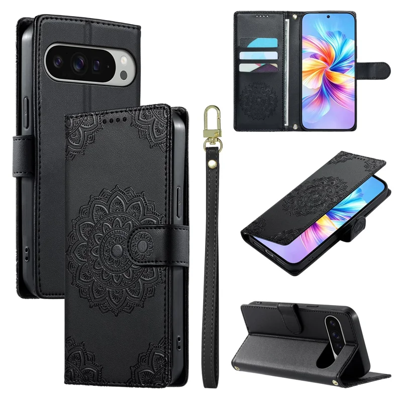 For Google Pixel 11 Pro XL Case Embossed Totem Leather Flip Wallet Phone Cover with Wrist Strap - Black