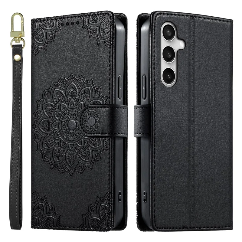 For Samsung Galaxy S26 FE Case Embossed Totem Leather Flip Wallet Phone Cover with Wrist Strap - Black