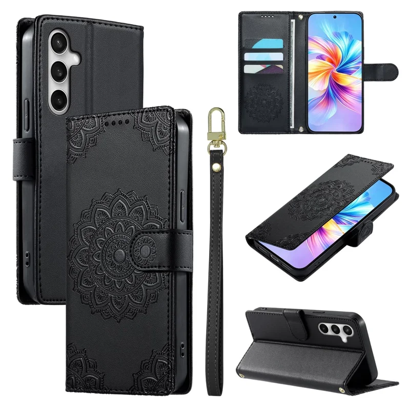 For Samsung Galaxy S26 FE Case Embossed Totem Leather Flip Wallet Phone Cover with Wrist Strap - Black