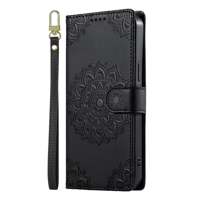 For Samsung Galaxy S26 FE Case Embossed Totem Leather Flip Wallet Phone Cover with Wrist Strap - Black