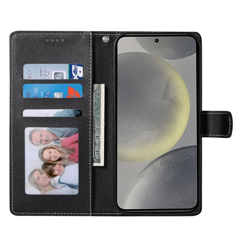 For Samsung Galaxy S26 FE Case Magnetic Snap Litchi Texture Leather Wallet Phone Cover with Wrist Strap - Black