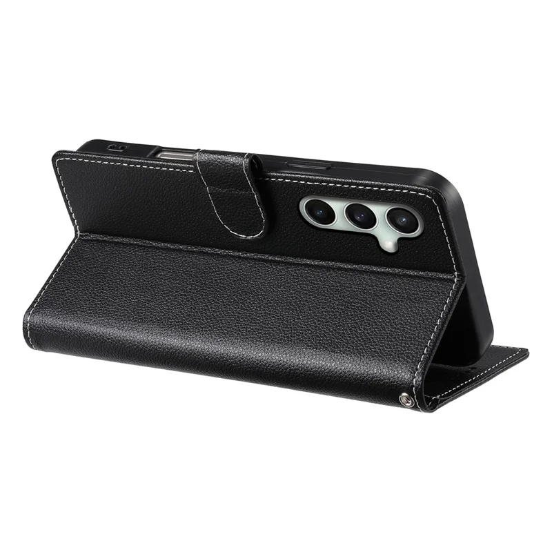 For Samsung Galaxy S26 FE Case Magnetic Snap Litchi Texture Leather Wallet Phone Cover with Wrist Strap - Black
