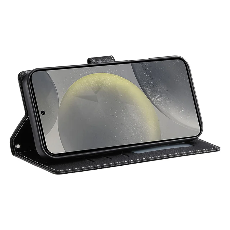 For Samsung Galaxy S26 FE Case Magnetic Snap Litchi Texture Leather Wallet Phone Cover with Wrist Strap - Black