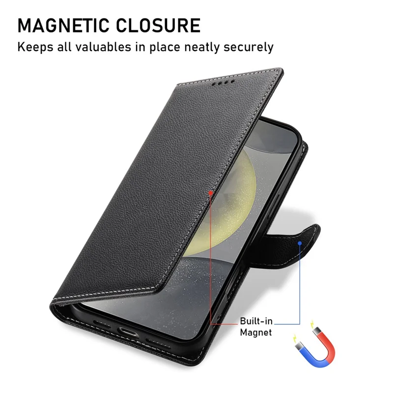 For Samsung Galaxy S26 FE Case Magnetic Snap Litchi Texture Leather Wallet Phone Cover with Wrist Strap - Black